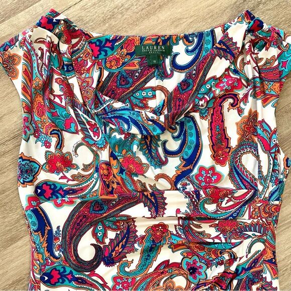 Lauren Ralph Lauren Paisley Print Ruched Cap Sleeve Sheath Dress Size 16 - Picture 2 of 9